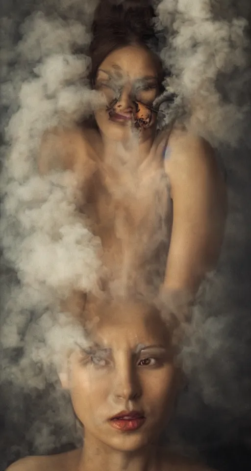 Image similar to a portrait of a beautiful woman with smoke and fire coming out of her eyes, a masterpiece