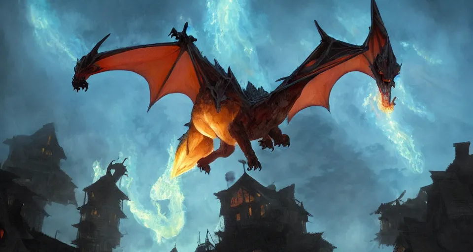 Image similar to book illustration of flying charizard dragon above the village. Burning houses dragon fire breath. Atmospheric beautiful by Eddie mendoza and Craig Mullins. volumetric lights