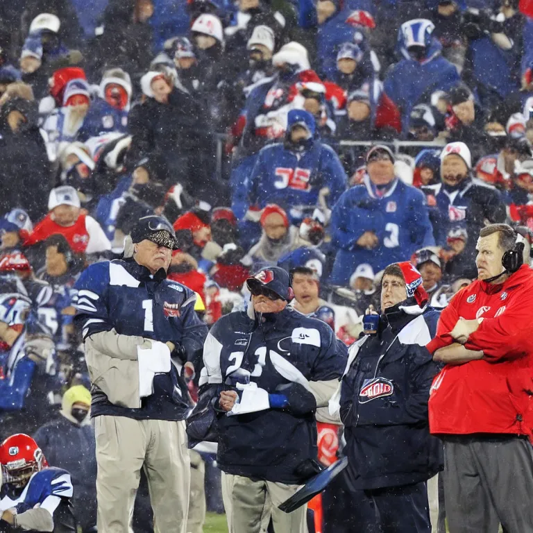 Prompt: Gillette Stadium being destroyed by a nuclear blast as a distraught coach Belichick looks on