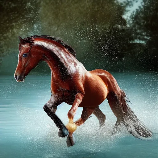 Prompt: a horse running in a lake full of feathers, photo realistic, well detailed, 8k