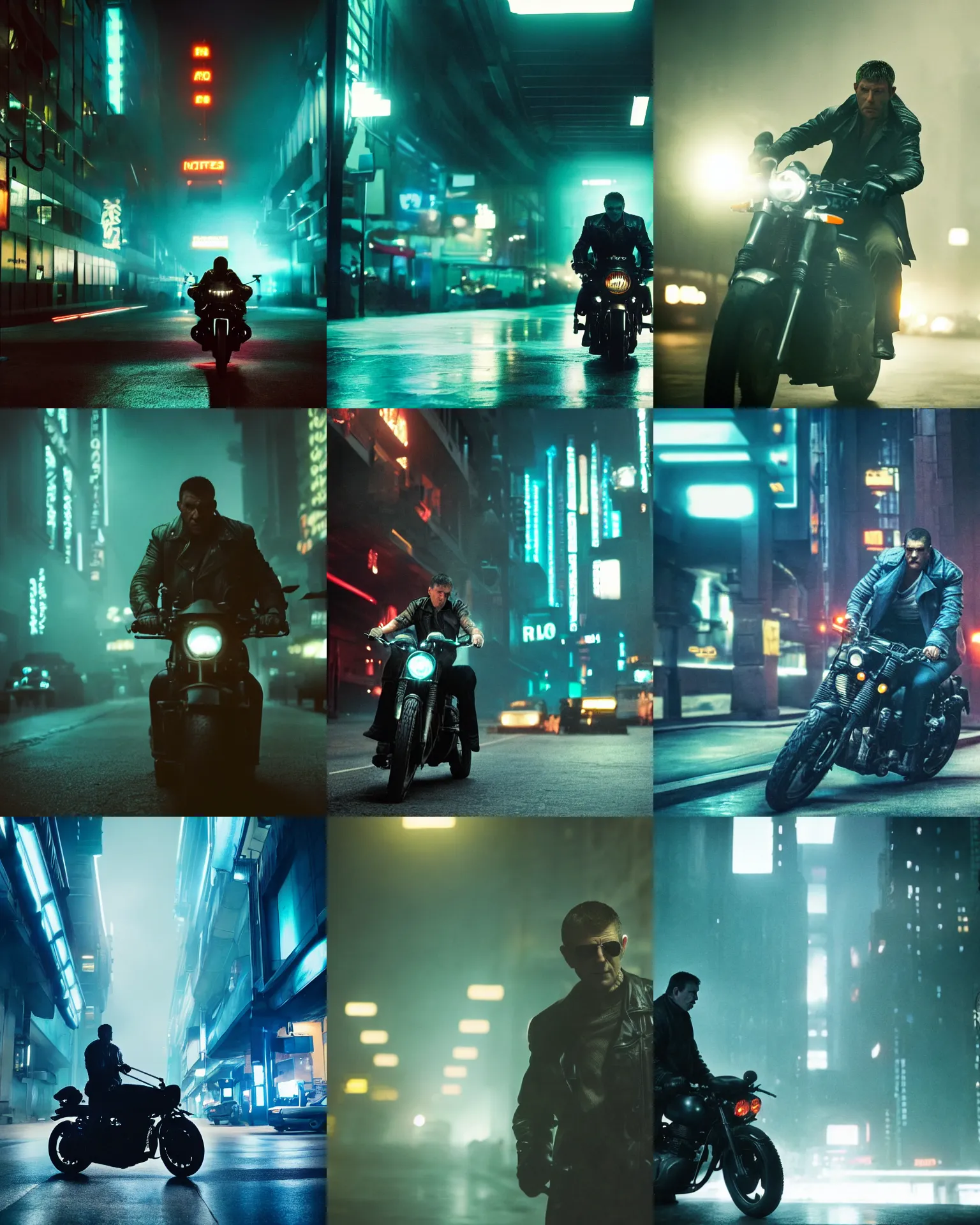 Prompt: blade runner movie still of a gangster on a motorcycle, the gangster is holding out a long katana, underground parking garage in the background, rack focus, close establishing shot, monochromatic teal, dark teal lighting, soft dramatic lighting, 4 k digital camera