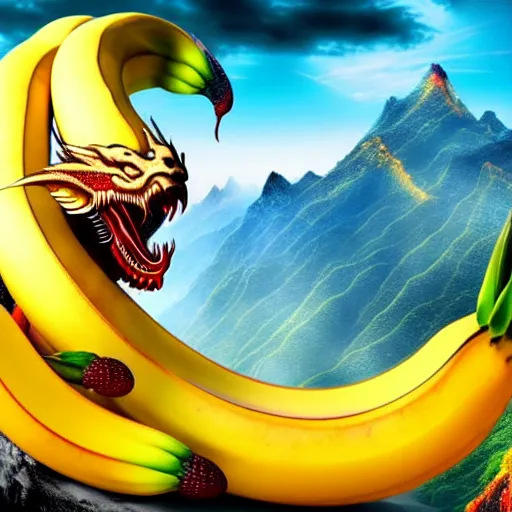 Prompt: Chinese president with bananas, battle with dragon, mountains background, fantasy art, 4k