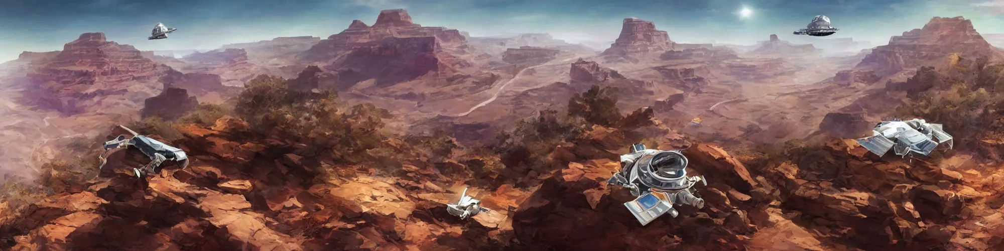 Image similar to spacecraft speed race road into the mountain rocks like grand canyon. Illustration by Blizzard and Ubisoft