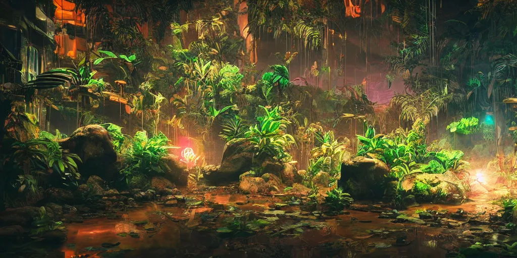 Prompt: Amazonian neon jungle at night with rocks and water puddle on the floor, unreal 5, hyperrealistic, realistic, photorealistic, dynamic lighting, highly detailed, cinematic landscape, studio landscape, studio lighting