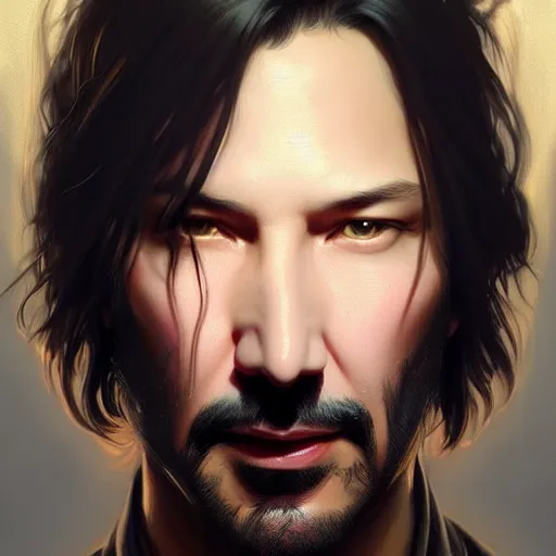 Image similar to Portrait of Keanu, D&D, face, fantasy, intricate, elegant, highly detailed, digital painting, artstation, concept art, smooth, sharp focus, illustration, art by artgerm and greg rutkowski and alphonse mucha