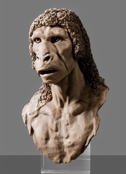 Image similar to a bust sculpture of a neandertal with animal face features, detailed, anatomically correct, ceramic base, orthographic, studio lighting, expresive