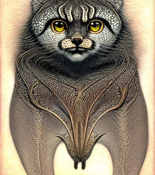 Image similar to detailed realistic beautiful manul portrait by jean delville, gustave dore, iris van herpen and marco mazzoni, art forms of nature by ernst haeckel, art nouveau, symbolist, visionary, gothic, neo - gothic, pre - raphaelite, fractal lace, intricate alien botanicals, ai biodiversity, surreality, hyperdetailed ultrasharp octane render