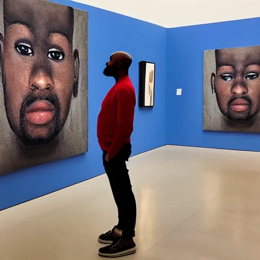 Prompt: a strikingly handsome bald 🧔🏿‍♂️ with a goatee viewing contemporary artwork at the Hirschhorn museum