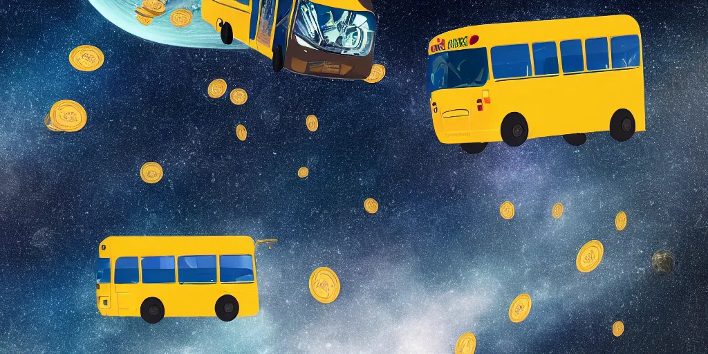 Image similar to a bus driving in outer space with money flying out of the bus windows. illustrated, high resolution 4k