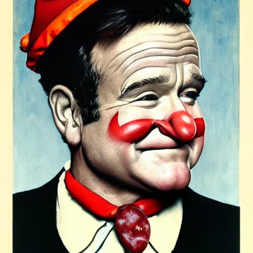 Image similar to Robin Williams wearing clown make up, white face red nose. painted by Norman Rockwell