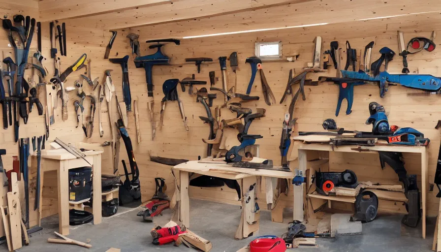 Image similar to A wood workers workshop with a lot of tools