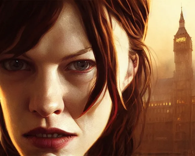 Image similar to highly detailed portrait of milla jovovich, in 2 8 days later, stephen bliss, unreal engine, fantasy art by greg rutkowski, loish, rhads, ferdinand knab, makoto shinkai and lois van baarle, ilya kuvshinov, rossdraws, tom bagshaw, global illumination, radiant light, detailed and intricate environment