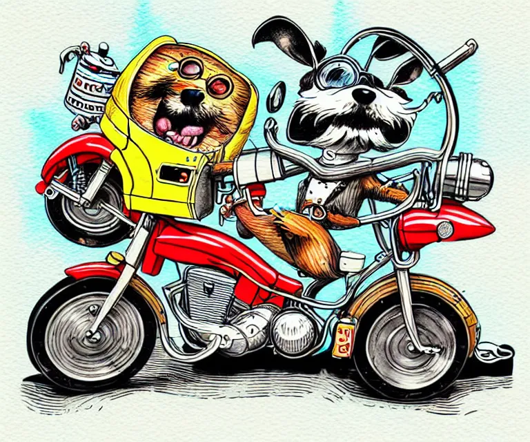 Prompt: cute and funny, dogs, cats, moto, oversized enginee, ratfink style by ed roth, centered award winning watercolor pen illustration, isometric illustration by chihiro iwasaki, the artwork of r. crumb and his cheap suit, cult - classic - comic,