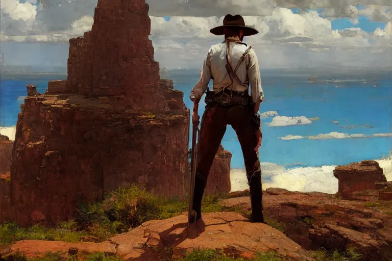 Prompt: wild west portrait of sheriff man standing at the edge of a cliff looking out, sunny day, digital art by Nerdrum John, William Waterhouse, Winslow Homer, Alex Heywood, Jordan Grimmer, Darren Quach, Greg Rutkowski, Simon Stalenhag, trending on Artstation, CGSociety