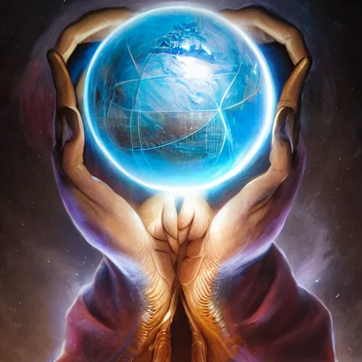 Image similar to the creator of worlds wearing a cloak and holding a holographic planet projection in his hand, detailed, sci - fi, digital painting, artstation, sharp focus, illustration, ominous, artgerm, tomasz alen kopera, peter mohrbacher, donato giancola, joseph christian leyendecker, wlop, frank frazetta