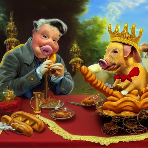 Image similar to pig wearing gold crown eating hot dog, Realistic, Regal, Refined, Detailed Digital Art, Michael Cheval, Walt Disney (1937), François Boucher, Oil Painting, Steampunk, Highly Detailed, Cinematic Lighting, Unreal Engine, 8k