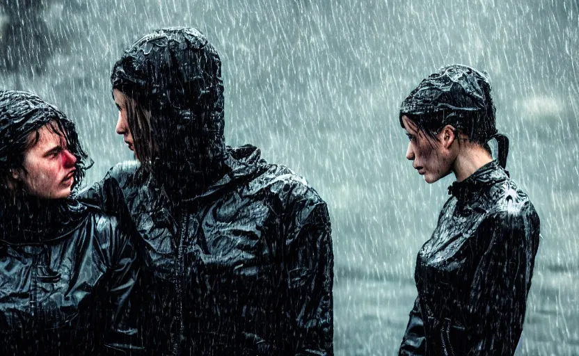 Image similar to cinestill 5 0 d candid photographic portrait by christopher nolan of two loving female androids wearing rugged black mesh techwear in treacherous waters, extreme closeup, modern cyberpunk moody emotional cinematic, pouring rain menacing red spotlight, 8 k, hd, high resolution, 3 5 mm, f / 3 2, ultra realistic faces, ex machina