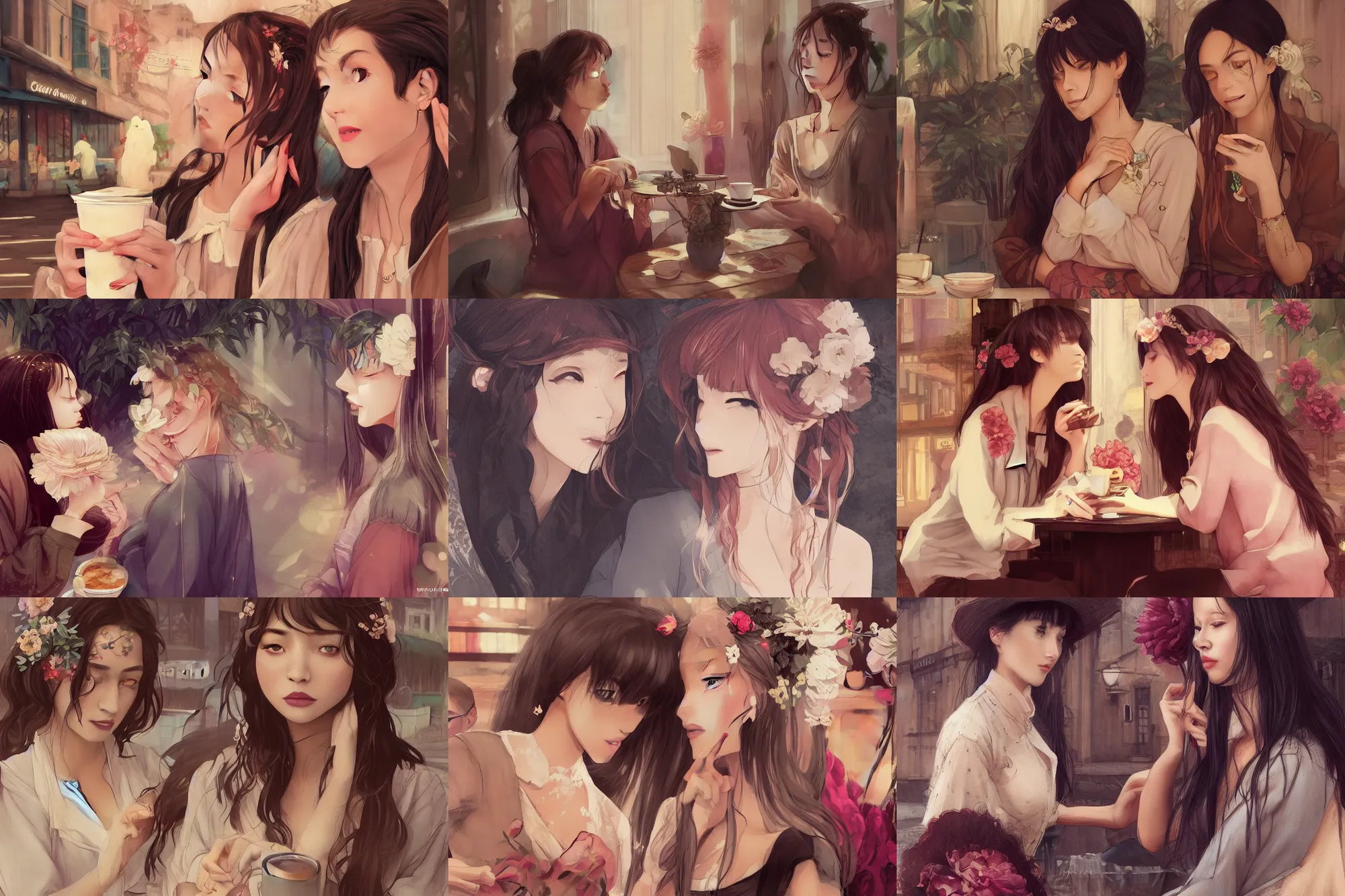 Prompt: a smooth cinematic beautiful closeup moment of two school friends enjoying life in a coffee cafe and visiting wearing boho clothing peonies, traditional romance,full body portrait,artwork by doja cat, charlie bowater, waterhouse,greg rutkowski, wong kar wai, bestselling movie poster, official media, pixiv, 1990s fashion, official anime media, artstation consept