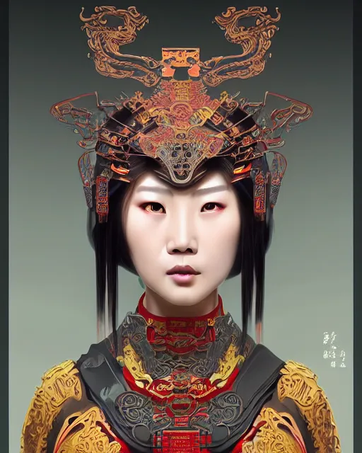 Prompt: portrait of a chinese masculine female cyberpunk machine, machine face, upper half portrait, decorated with chinese opera motifs, muscular, asian, fine china, wuxia, traditional chinese art, intricate intense elegant, highly detailed symmetry headpiece digital painting artstation concept art smooth sharp focus illustration, art by artgerm and greg rutkowski alphonse mucha 8 k