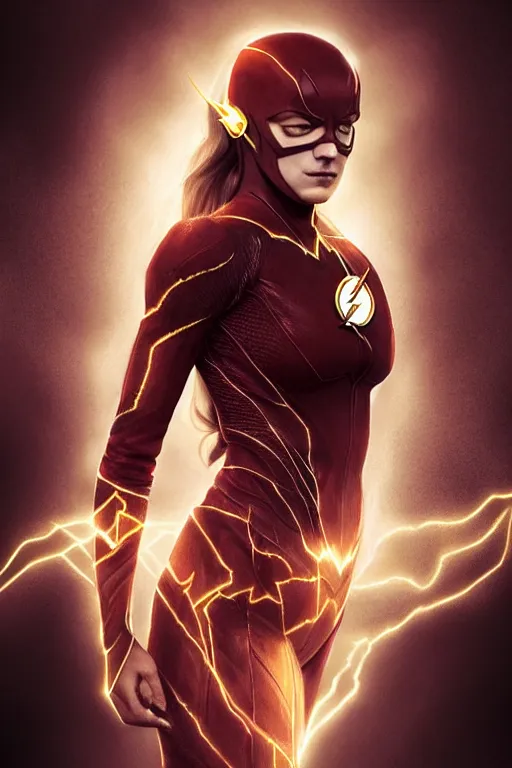 Image similar to Majestic and regal portrait of a female The Flash, DC universe, Perfect face, beautiful, intricate, epic, elegant, menacing, fantasy, highly detailed, digital painting, hard focus, beautiful volumetric lighting, epic light, ultra detailed, by Leesha Hannigan, Ross Tran, Thierry Doizon, Kai Carpenter, Ignacio Fernández Ríos