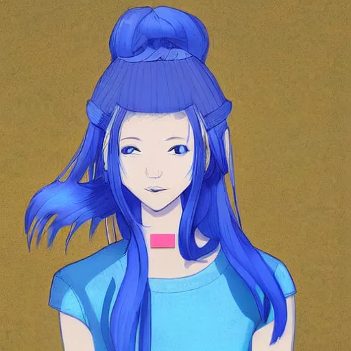 Image similar to if bluetooth was an actual human female, wearing blue crop top with the bluetooth logo on and blue shorts, digital image, character illustration, highly detailed, long blue hair, background of a blue flower field, trending on art station, art, by jason chan