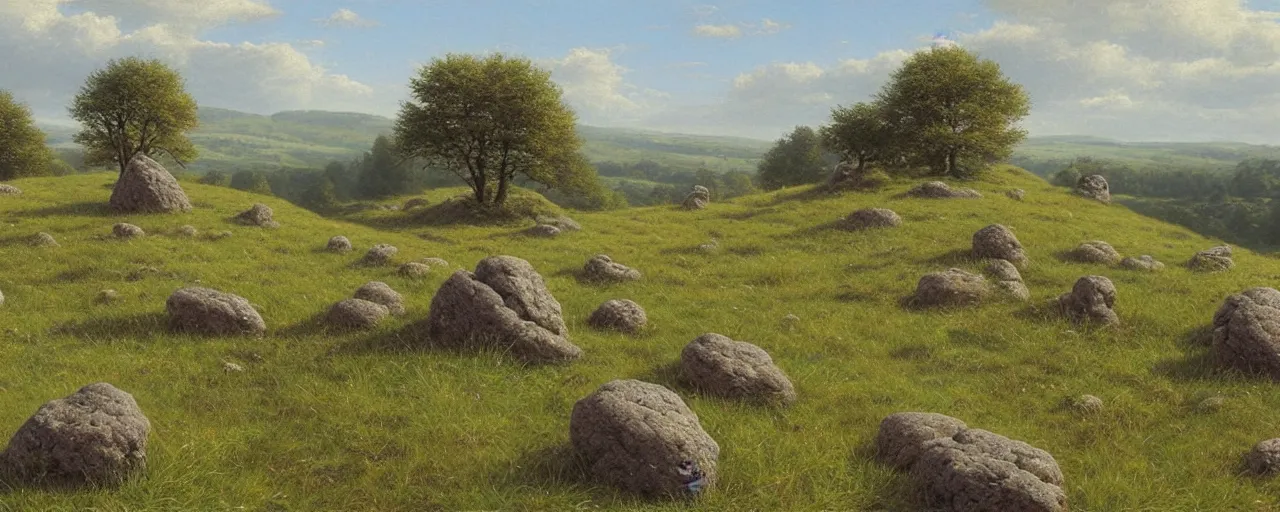 Prompt: a high hill meadow landscape with four tall stones on the top forming a circle, by ted nasmith