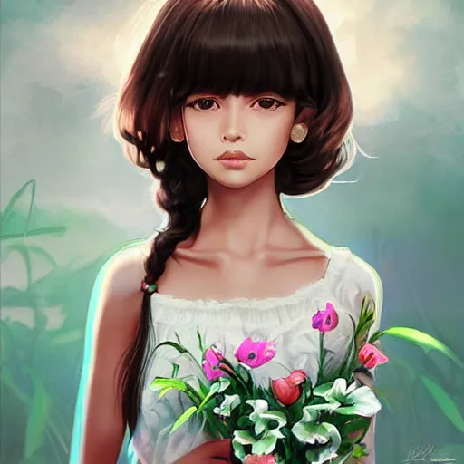 Image similar to little brown girl with flowers in hair wearing an white dress. art by ilya kuvshinov, profile picture, inspired in hirohiko araki, realistic, highly detailed, 8 0 s anime art style, vogue cover