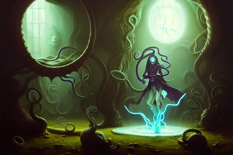 Prompt: dark magician conjures over a vat with a potion, location of a dark old house, a monster with tentacles lies from the door, peter mohrbacher style, ray tracing, cinematic, digital art, realistic,