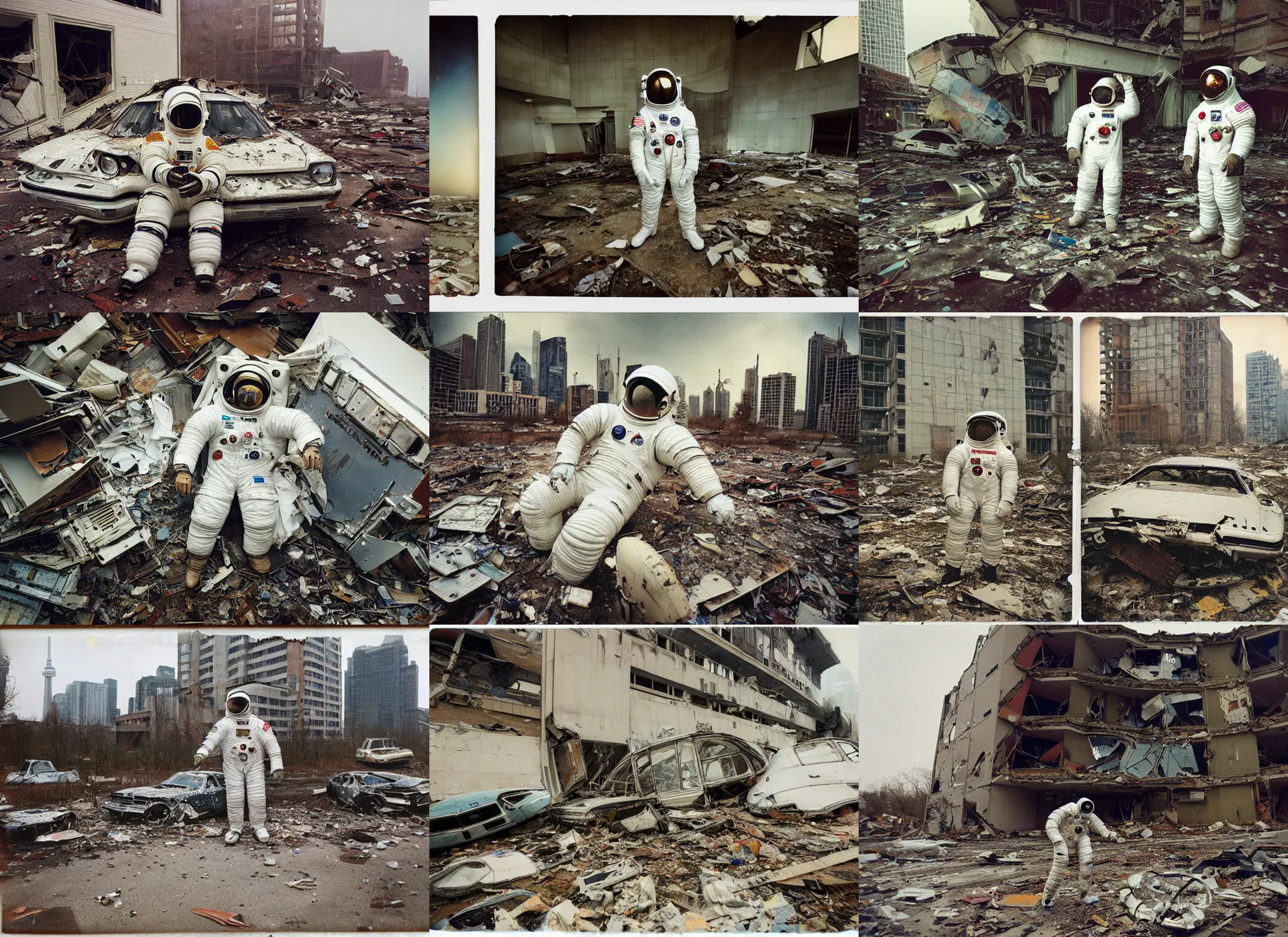 Prompt: faded photographs of american white spacesuit astronaut in postapocalyptic abandoned destroyed toronto centre, wrecked buildings, destroyed flipped wrecked cars, polaroid photo, vintage, neutral colors, rainy day, by gregory crewdson