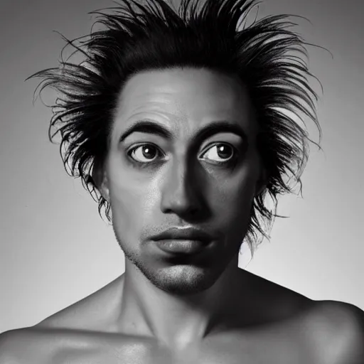 Prompt: a beautiful performance art of a self - portrait of the artist. he is shown with his head turned to the left, looking at the viewer. his hair is wild and his eyes are wide open. his right hand is raised, as if he is pointing at something. goldenrod by ingrid baars apocalyptic