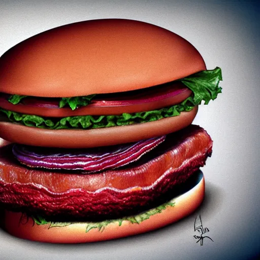 Image similar to ultra detailed kevin bacon on a slice of bacon in a hamburger rendered by octane digital painting inspired by arcimboldo