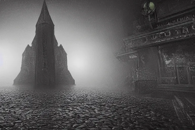 Prompt: ultra realist soft painting of the world of Lovecraft, very intricate details, ultra dense fog, golden ratio, volumetric black and white lighting, reflections, refractions, symmetry accurate anatomy features, unreal render