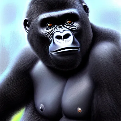 Prompt: a painting of a gorilla, cinematic lighting, hyper realistic painting