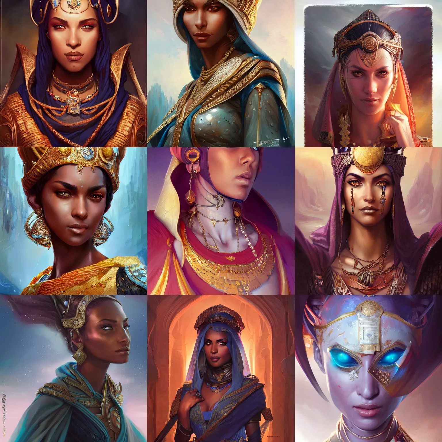 Image similar to saharan empress, D&D, fantasy, portrait, highly detailed, digital painting, trending on artstation, concept art, sharp focus, illustration, art by artgerm and greg rutkowski and magali villeneuve