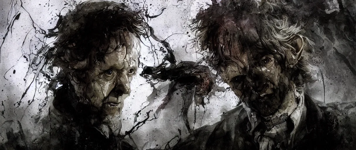 Image similar to concept art of scary bilbo baggins scene from lord of the rings, jumpscare scene with ian holm from fellowship of the ring by emil melmoth zdzislaw beksinki craig mullins yoji shinkawa realistic render ominous detailed photo atmospheric by jeremy mann francis bacon and agnes cecile ink drips paint smears digital glitches glitchart