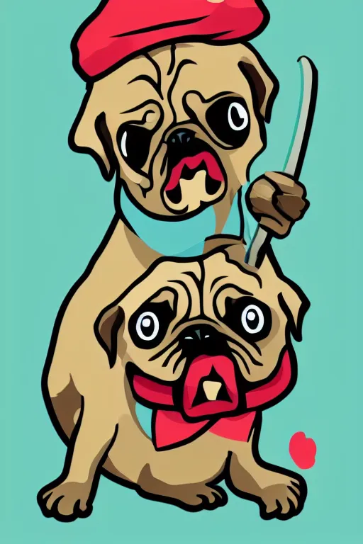 Image similar to Pug as a evil killer, sticker, colorful, illustration, highly detailed, simple, smooth and clean vector curves, no jagged lines, vector art, smooth