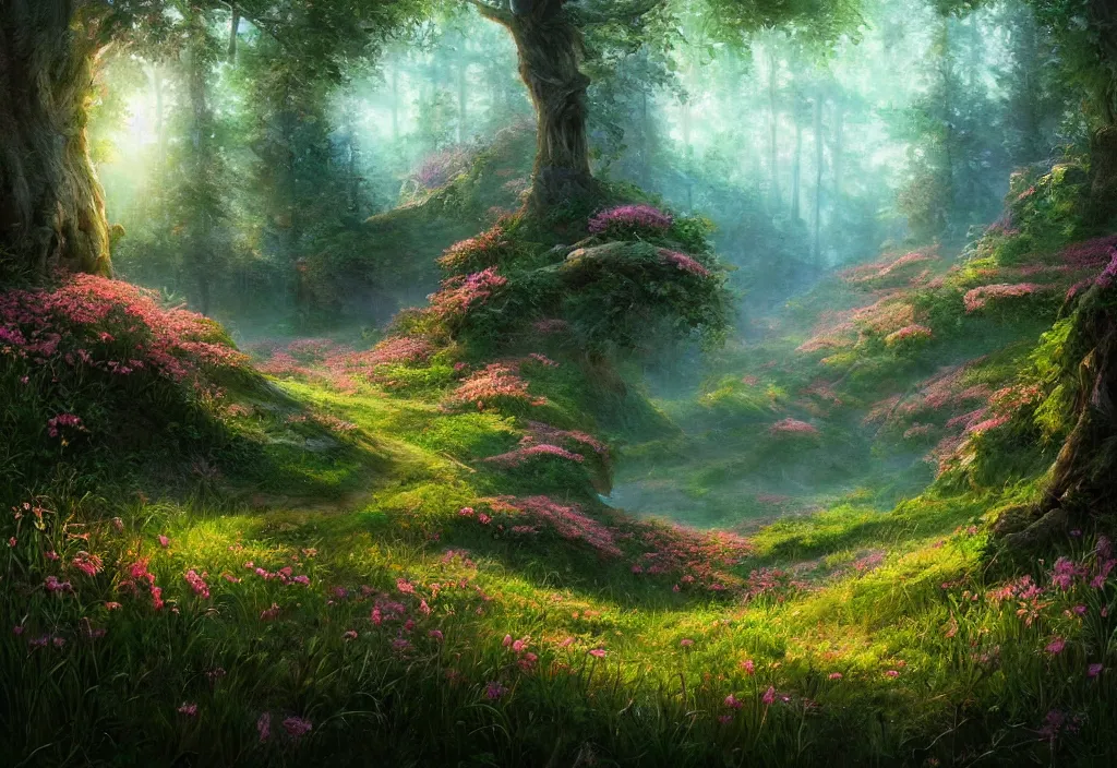 Image similar to a flowering meadow a forest behind it, epic fantasy, detailed, intricate, digital painting, concept art, realistic, smooth, focus, rim light