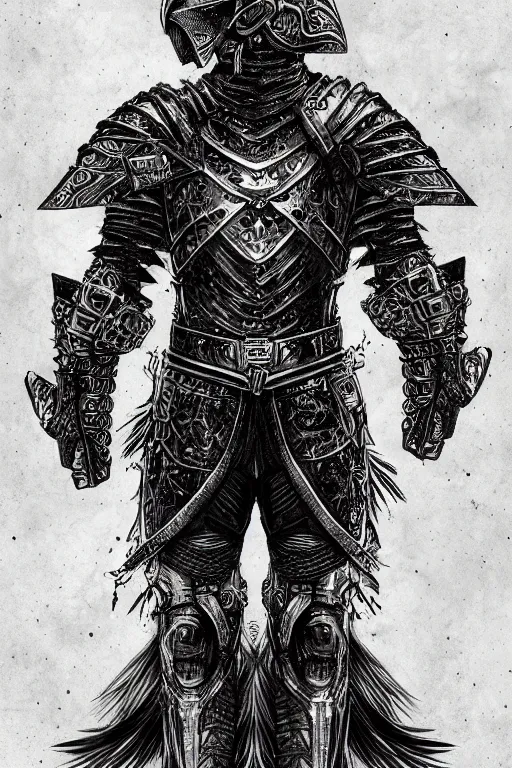 Image similar to armoured human, crow armour, symmetrical, highly detailed, digital art, black feathers, sharp focus, trending on art station, kentaro miura manga art style