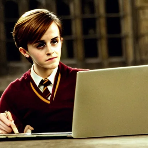 Prompt: Still from Harry Potter movies, Emma Watson using a computer during school in Hogwarts