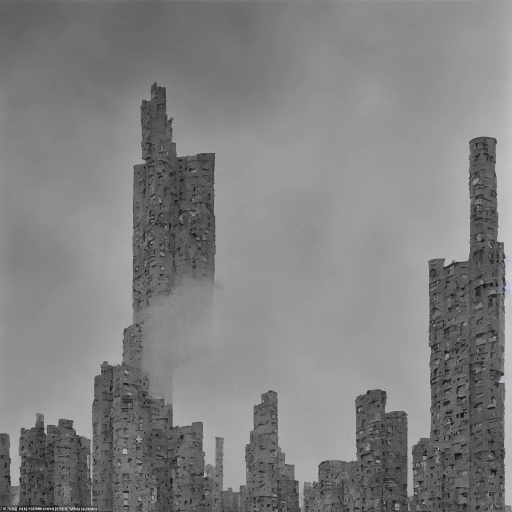 Image similar to towers made up of densely stacked makeshift squatter shacks with pastel colours suspended over a quagmire, plain uniform sky at the back, misty, mamiya, ultra sharp, very detailed, photographed by man ray