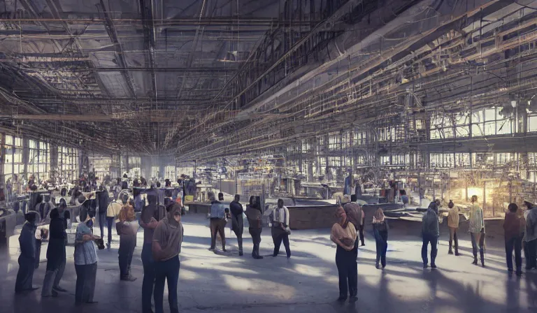 Prompt: large group people in simple warehouse, looking at hologram of futuristic cbd on a table, cinematic concept art, godrays, golden hour, natural sunlight, 4 k, clear details, tabletop model buildings, center model buildings, hologram center, crane shot, crane shot, crane shot, clear details, windows