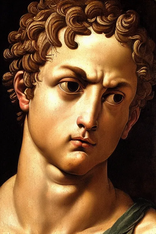 Image similar to renaissance painting of beautiful man, short hair, crying face, tears dripping from the eyes, emotions closeup, dressed in roman armour, ultra detailed, made in bronze, art by Guido Reni style, Vincenzo Catena style