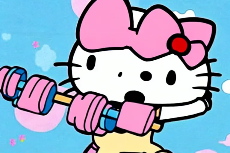 Image similar to animated cartoon film of hello kitty exercising at the gym, hello kitty has big muscles, barbells