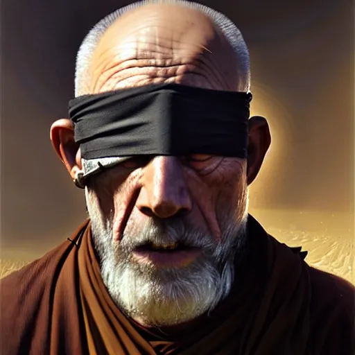Image similar to portrait painting of a post - apocalyptic older american man blindfolded and wearing monk garbs with a scrap pauldron, ultra realistic, concept art, intricate details, eerie, highly detailed, photorealistic, octane render, 8 k, unreal engine. art by artgerm and greg rutkowski and charlie bowater and magali villeneuve and alphonse mucha