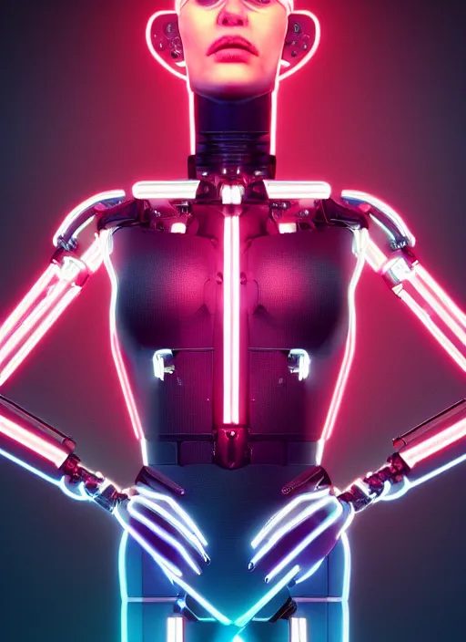 Image similar to photorealistic detailed full body picture of a female cyborg, pretty face, with head arms legs feet and hands, standing glamour pose, neon lights, humanoid, extreme, uhdr, book called the most influental cyborg in 2 0 5 0, fine details, highly detailed, intricate, smooth sharp focus, symmetrical features, environmental portrait, realistic render