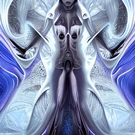 Image similar to queen of the galaxy by alex grey, zaha hadid, iris van herpen and rick owens. highly detailed, hyper - real, very beautiful, intricate fractal details, very complex, opulent, epic, mysterious, polished, futuristic design, trending on deviantart and artstation