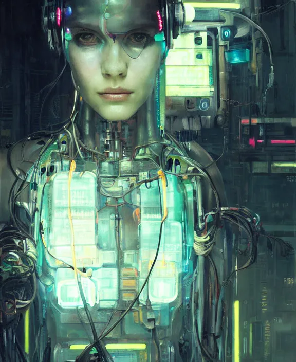 Prompt: portrait of cute robot cyborg woman, many wires and neon lights exposed, glowing eyes, cyberpunk, highly detailed painting by jeremy mann and cd projekt red