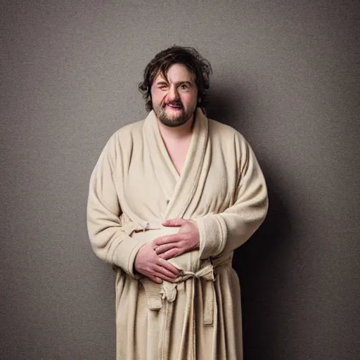 Prompt: richard iv the roman king, excited real human wearing beige bathrobe, soft studio lighting, sigma lens photo, he is dancing and has pregnancy belly