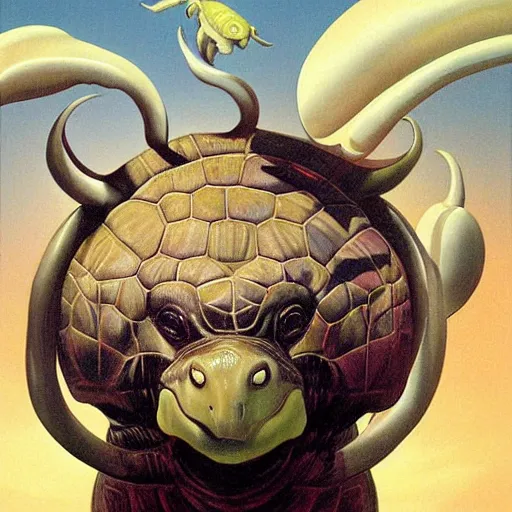 Image similar to a turtle with cow head, surrealism, painting by boris vallejo and michael whelan