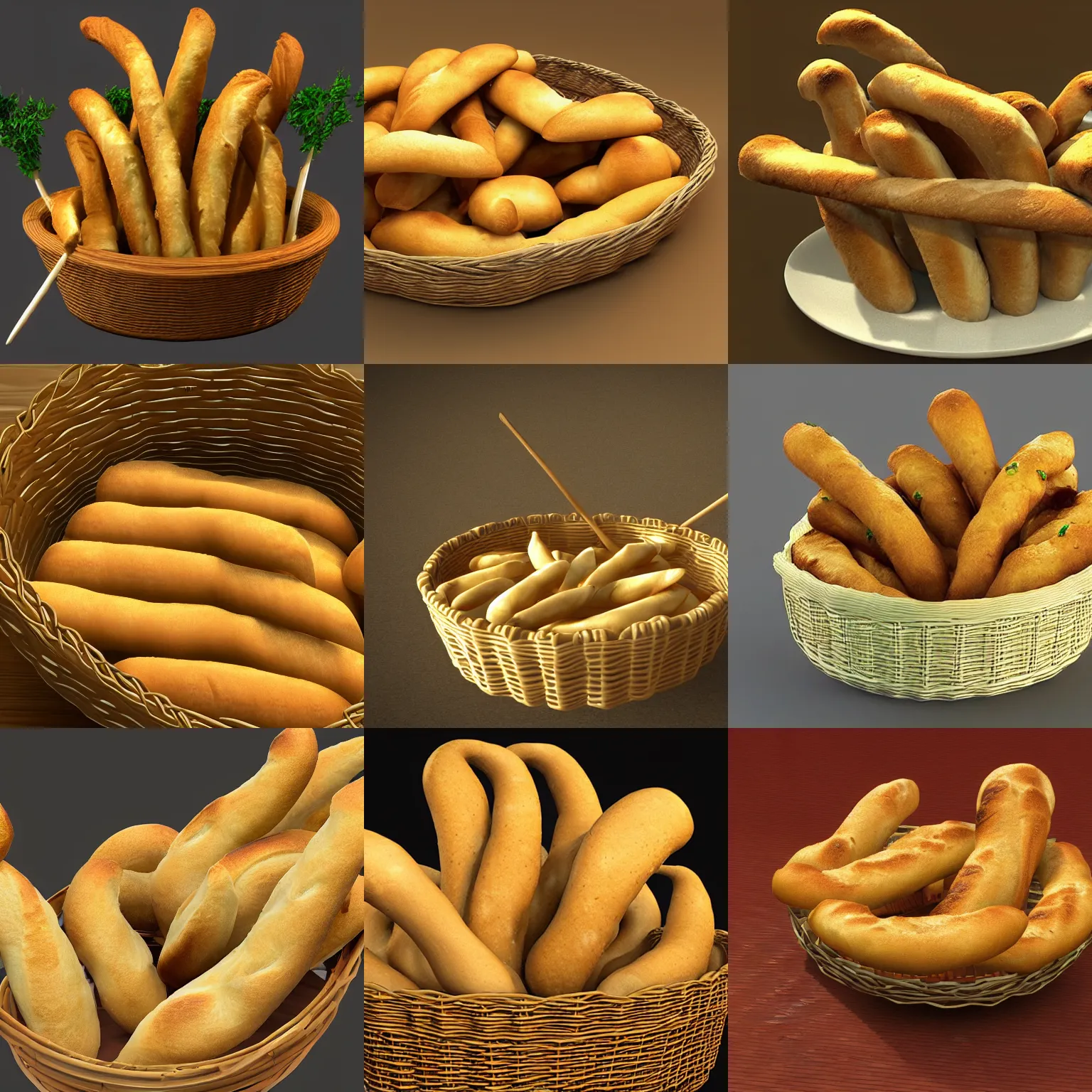Prompt: a basket of infinite breadsticks pouring out, 3 d render, ps 2 graphics, realistic, polygonal